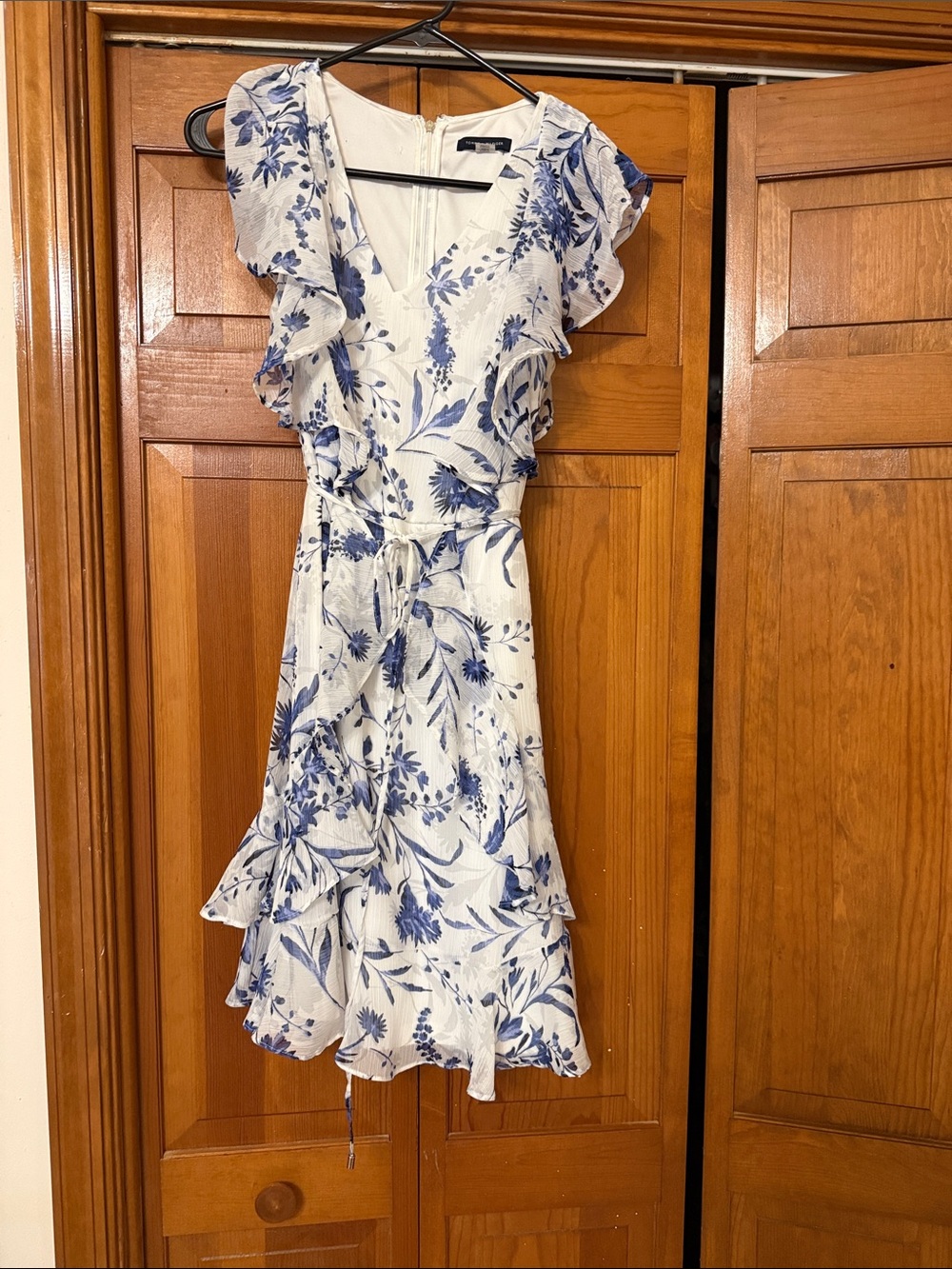 Tommy Hilfiger White Dress with Blue Floral Print and Ruffle Trim
